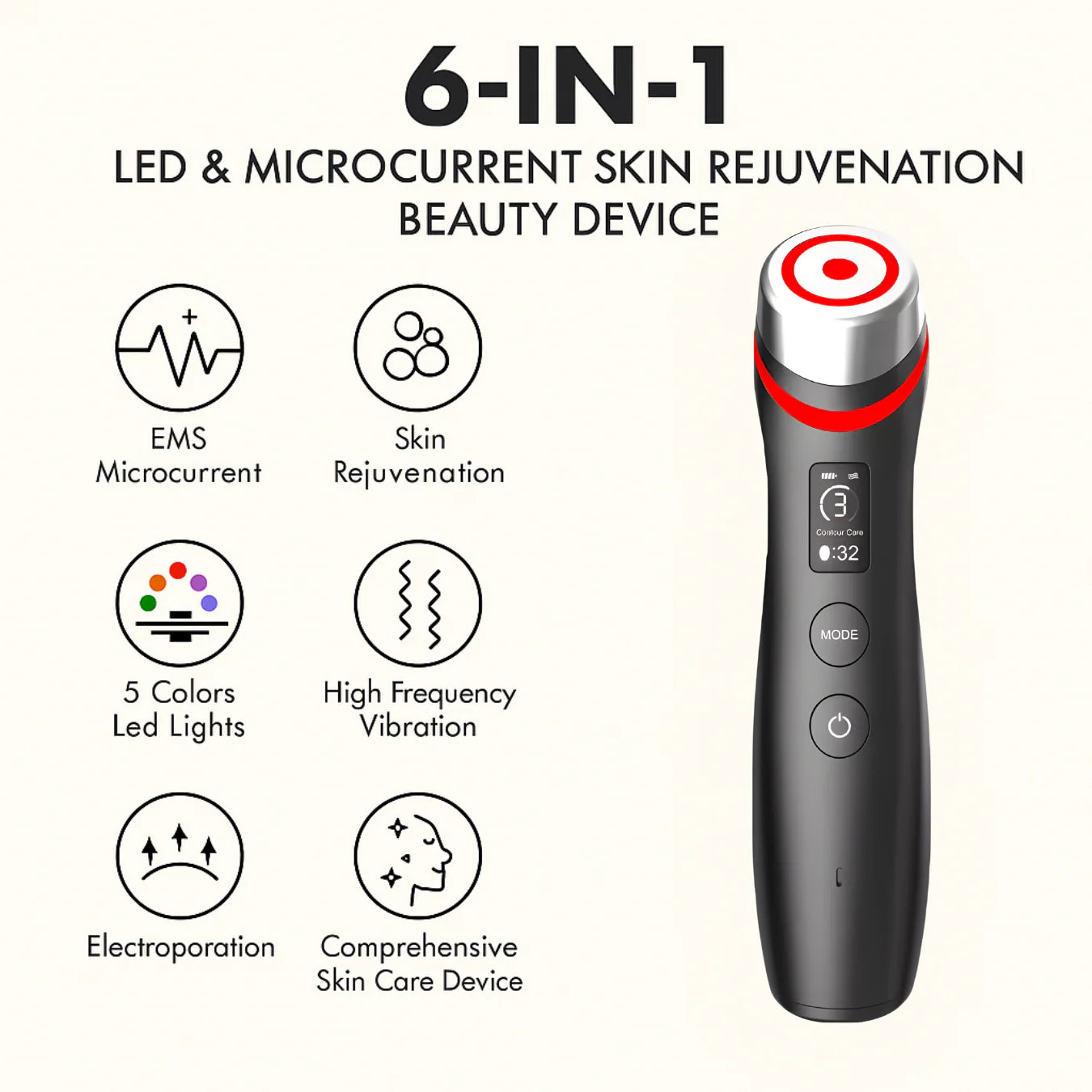 6-in-1 LED & Microcurrent skin rejuvenation beauty device with features listed.
