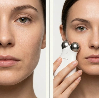 Woman using a skincare device on her face with a close-up of the device.