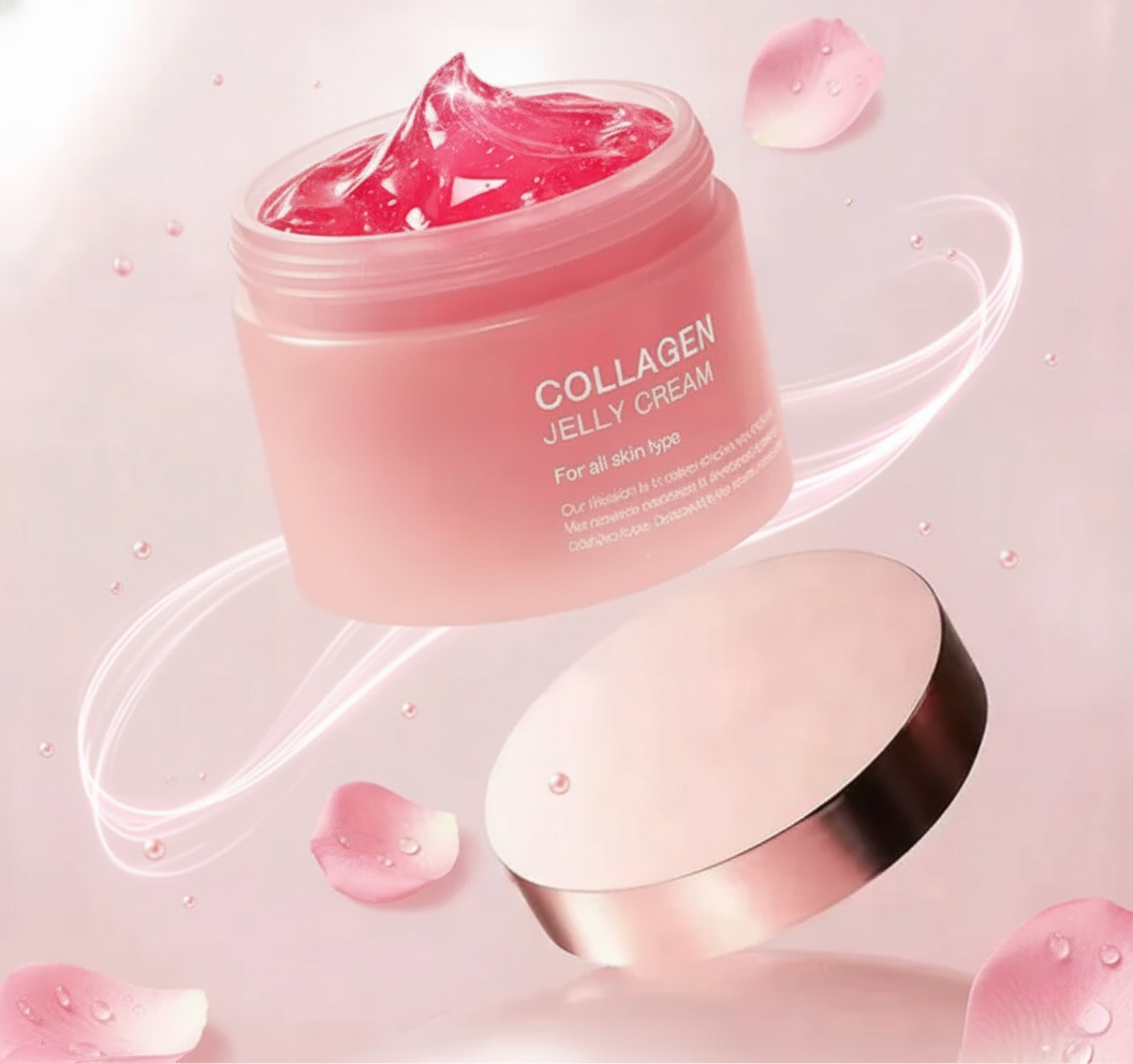 Collagen jelly cream jar with pink cream on a light pink background