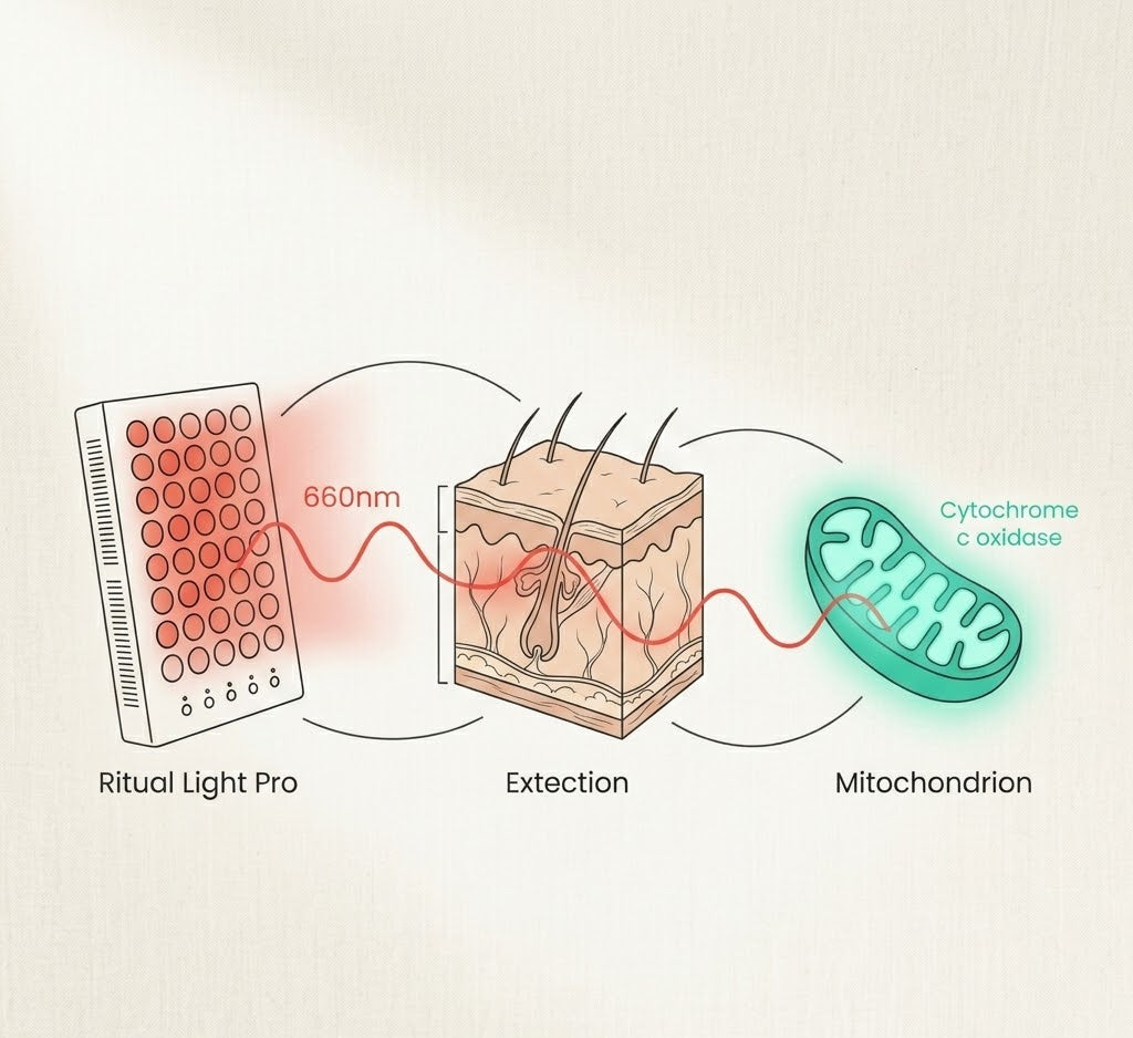 Diagram showing the interaction between 'Ritual Light Pro', hair follicles, and mitochondria with text labels.