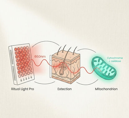 Diagram showing the interaction between 'Ritual Light Pro', hair follicles, and mitochondria with text labels.
