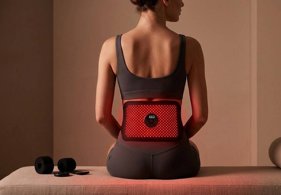 Person using a red massage device on their back with a neutral background