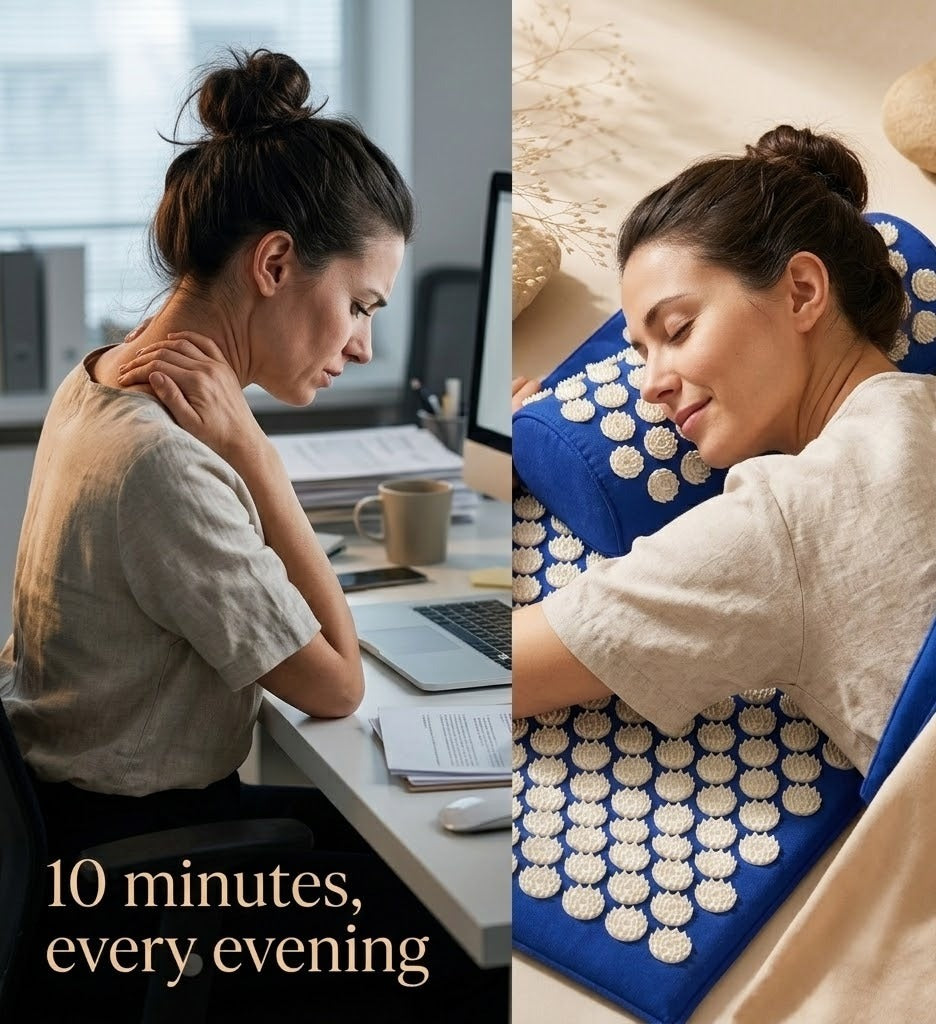 Woman with neck pain at a desk and later using an acupressure mat for relief.