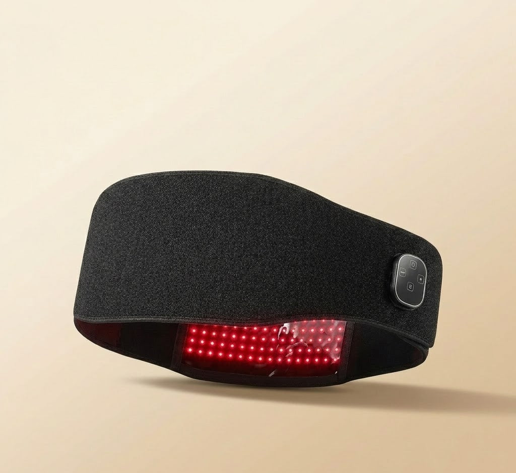 Black headband with red LED lights on a beige background