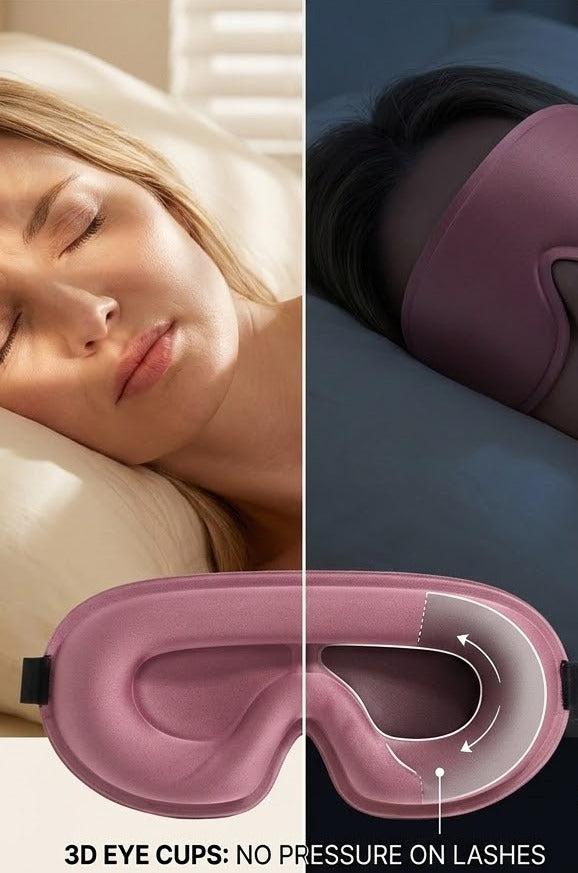 Woman sleeping with 3D eye cups on, showing product's design and benefits.