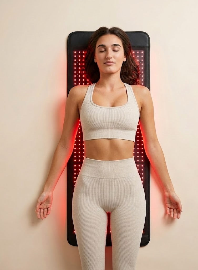 Woman lying on a red light therapy mat against a beige background