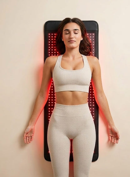 Woman lying on a red light therapy mat against a beige background