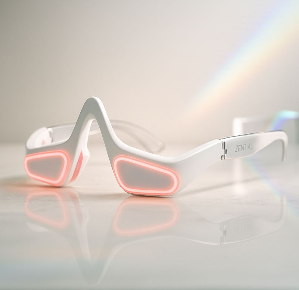 White red light sunglasses with pink accents on a reflective surface