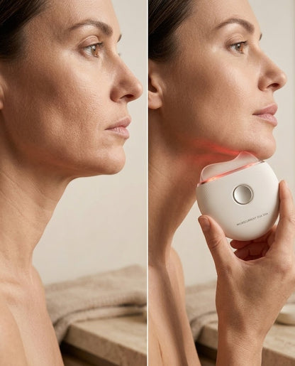 Woman using a skincare device on her neck, showing before and after effect.