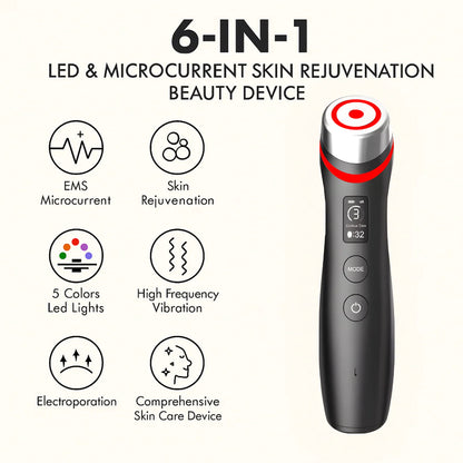 6-in-1 LED & Microcurrent skin rejuvenation beauty device with features listed.