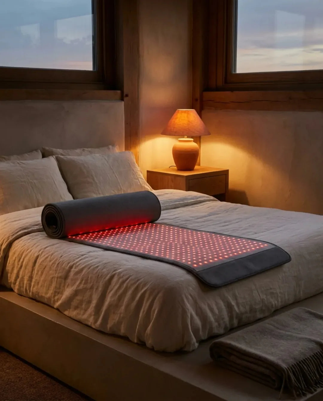 The Restoration Mat unrolled on a bed at dusk